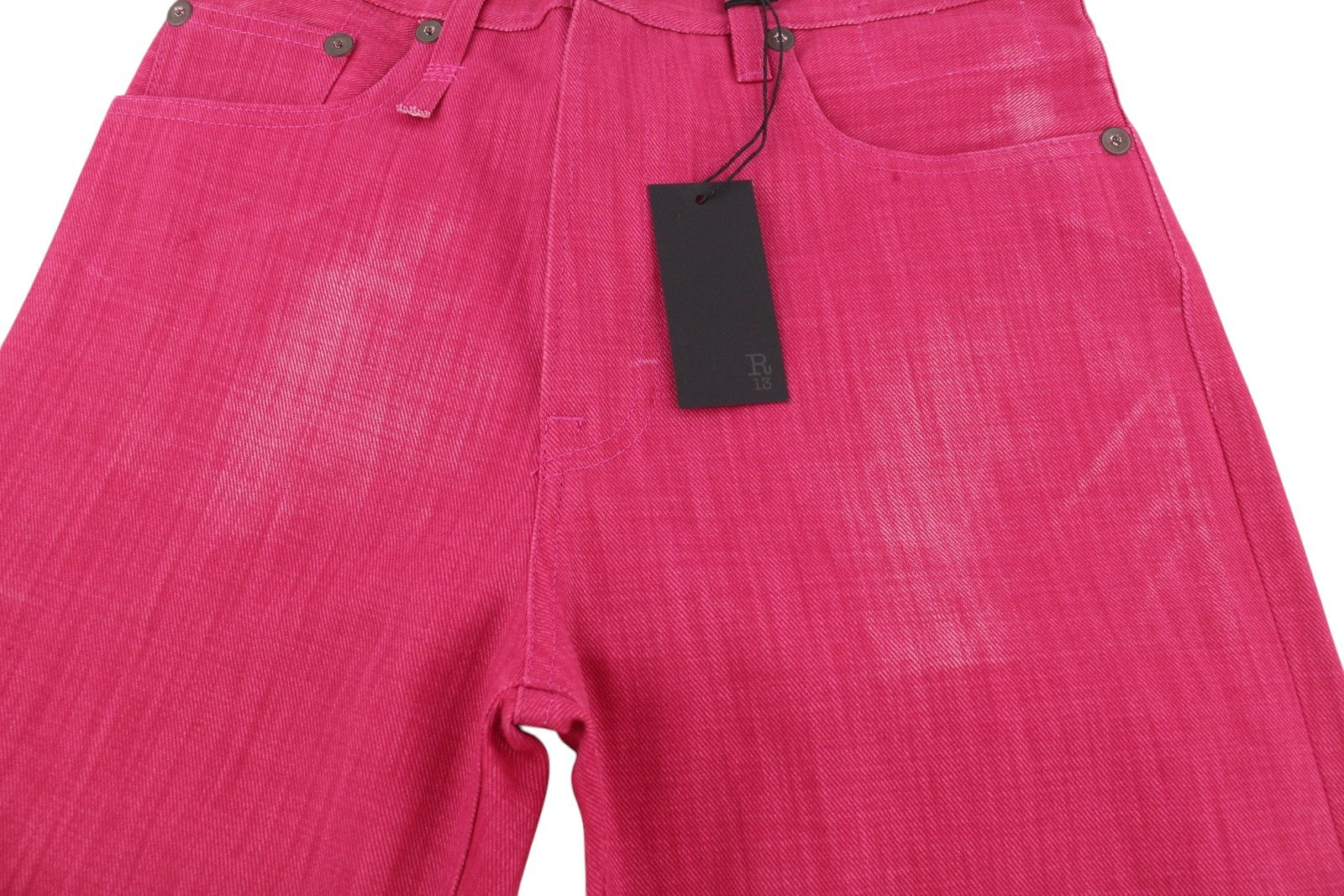 R13 Jane moteriški džinsai 27 ryškiai rožiniai išblukintos platėjančios klešnės aukštu juosmeniu užtrauktuku 