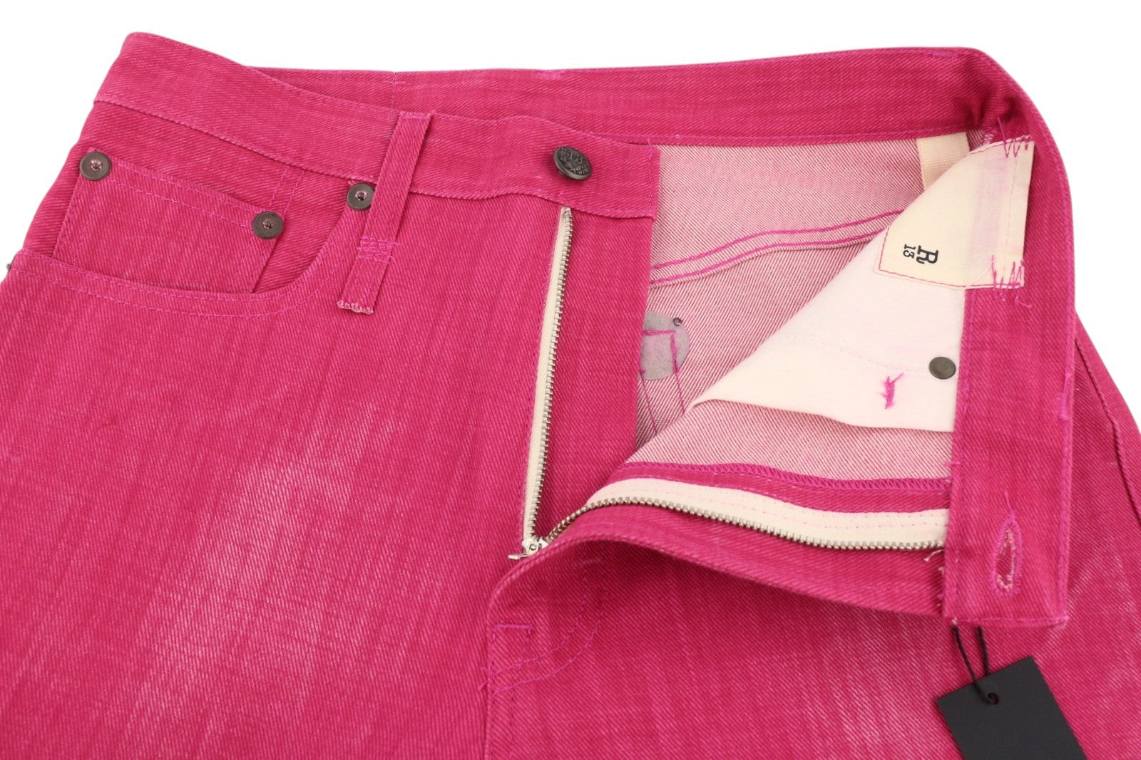 R13 Jane moteriški džinsai 27 ryškiai rožiniai išblukintos platėjančios klešnės aukštu juosmeniu užtrauktuku 