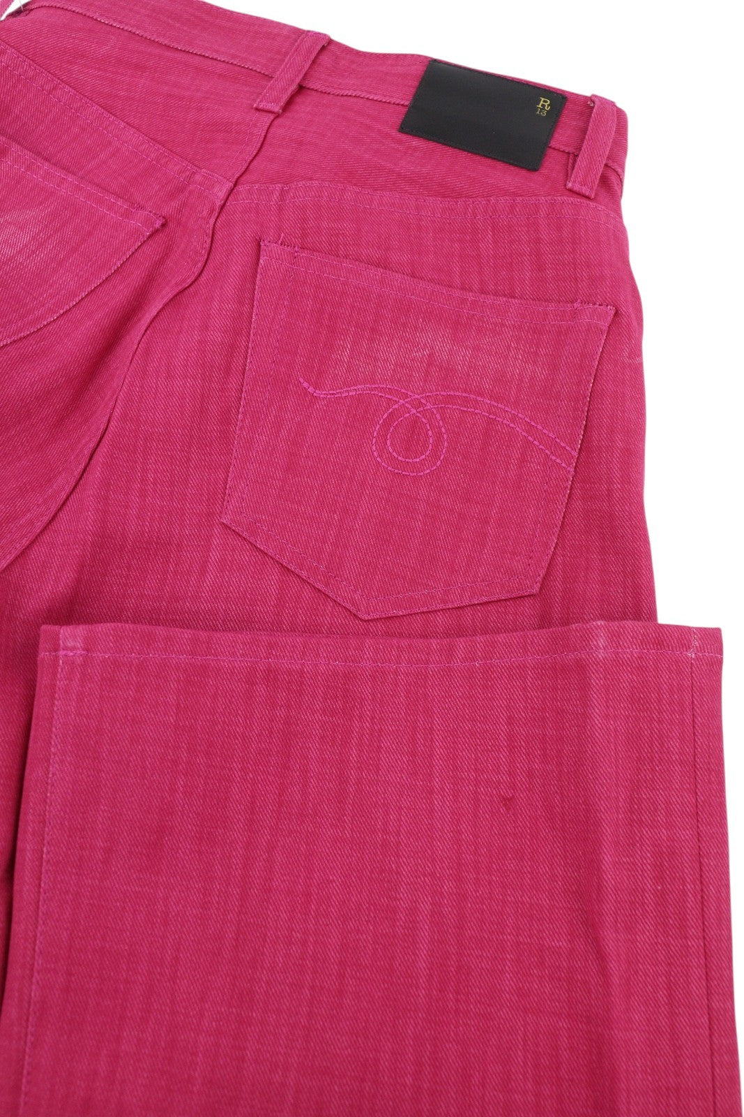 R13 Jane moteriški džinsai 27 ryškiai rožiniai išblukintos platėjančios klešnės aukštu juosmeniu užtrauktuku 