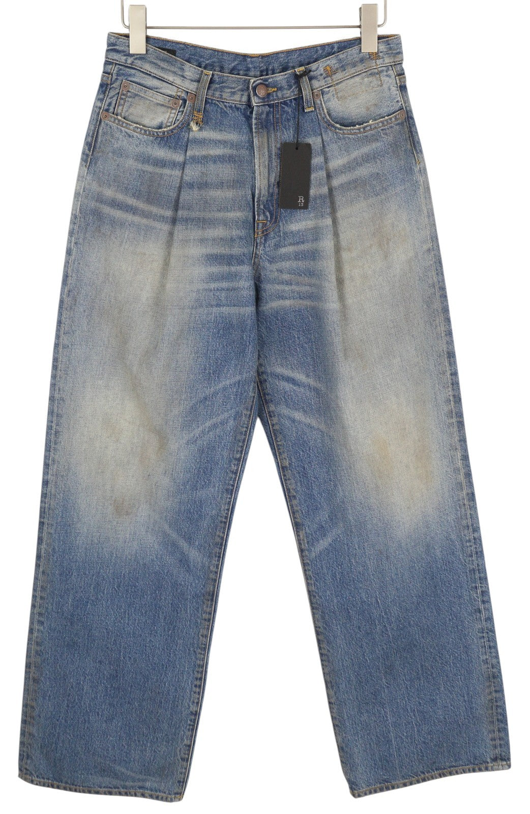 R13 Damon klostuoti plačių klešnių moteriški džinsai 27 gintaro mėlynumo, išblukę, nešvariai atrodantys džinsai 