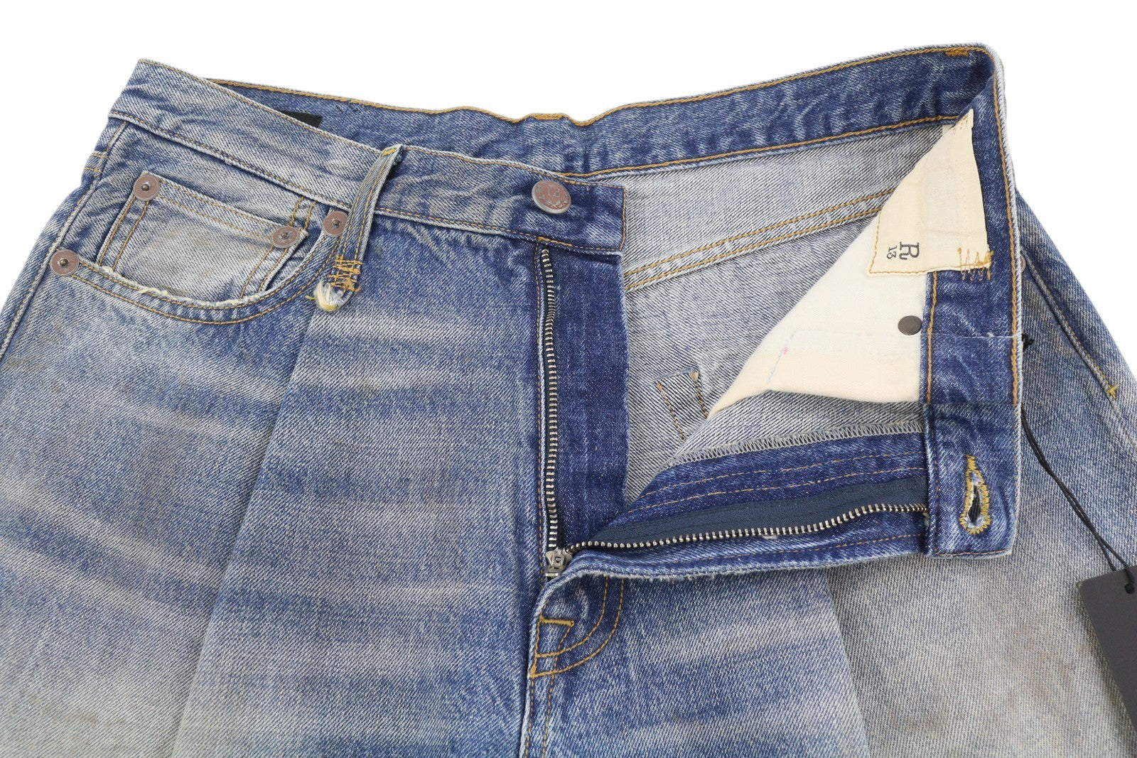 R13 Damon klostuoti plačių klešnių moteriški džinsai 27 gintaro mėlynumo, išblukę, nešvariai atrodantys džinsai 