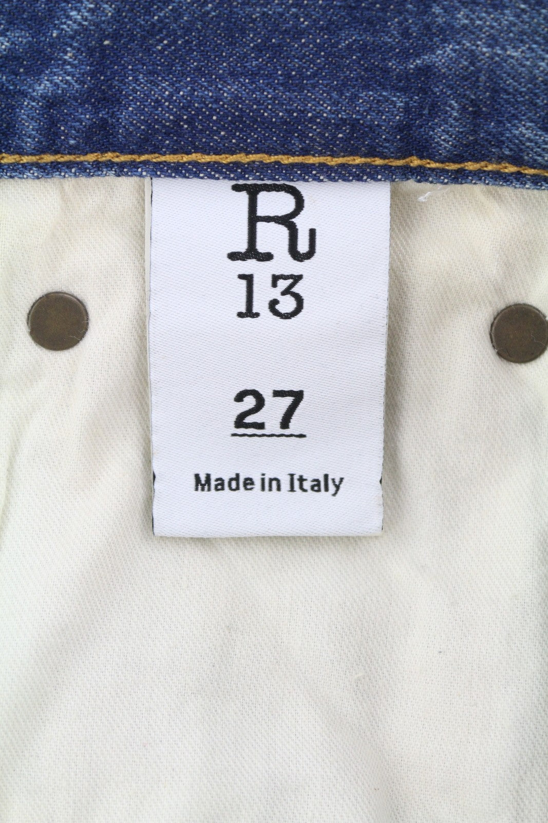 R13 Damon klostuoti plačių klešnių moteriški džinsai 27 gintaro mėlynumo, išblukę, nešvariai atrodantys džinsai 