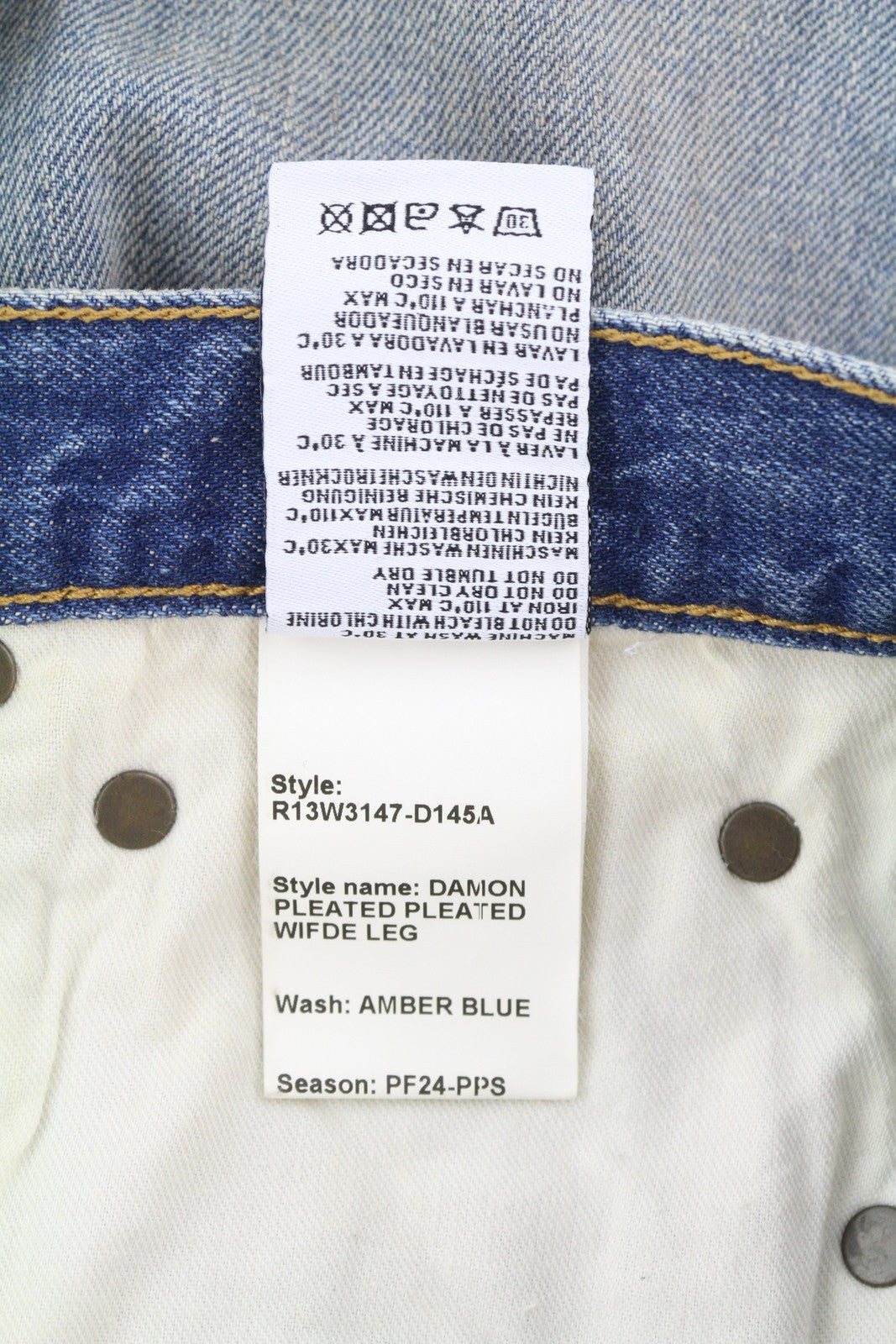 R13 Damon klostuoti plačių klešnių moteriški džinsai 27 gintaro mėlynumo, išblukę, nešvariai atrodantys džinsai 