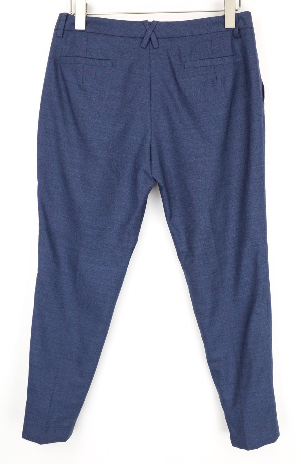 SUISTUDIO pilkos moteriškos kelnės UK14S mėlynos plonos melanžo grynos vilnos plokščia priekine dalimi 