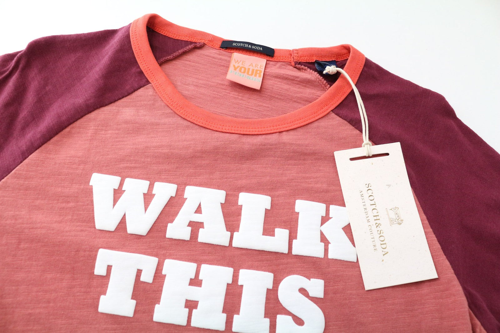 SCOTCH & SODA Men's T-Shirt S Red Melange Graphic Crew Neck 3/4 Sleeve Cotton