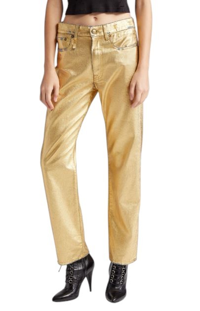 R13 Boyfriend Women Jeans 27 Gold Indigo Shiny Straight Fit Zip Fly Logo Denim