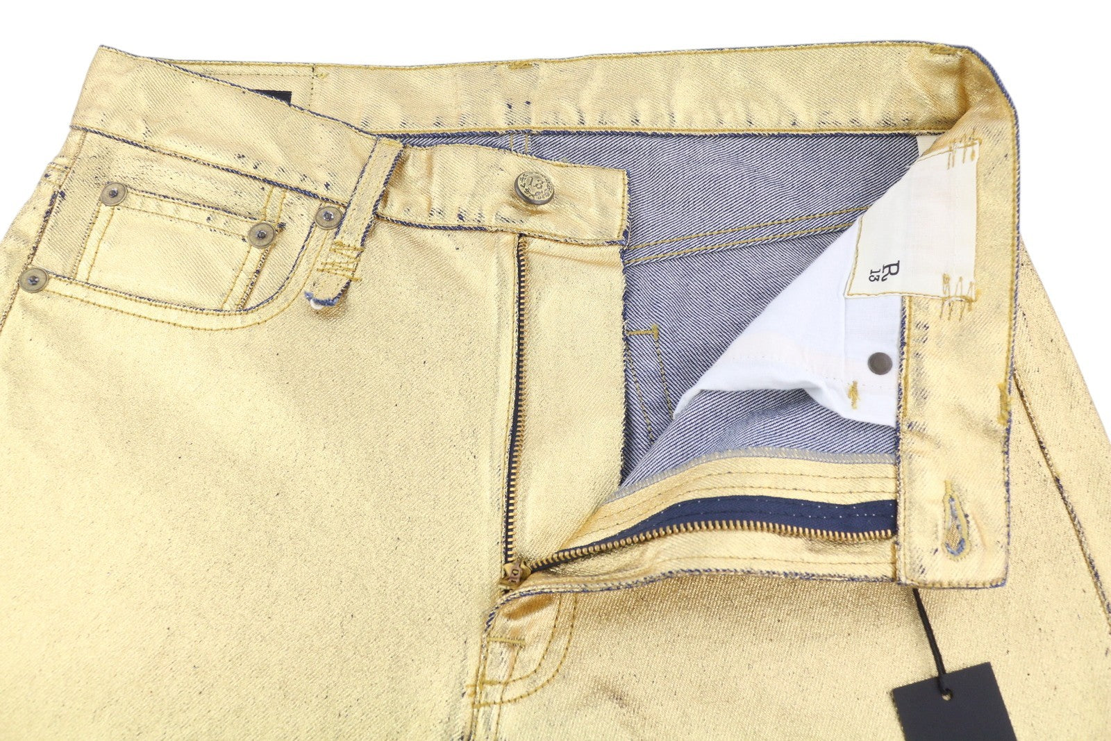 R13 Boyfriend Women Jeans 27 Gold Indigo Shiny Straight Fit Zip Fly Logo Denim
