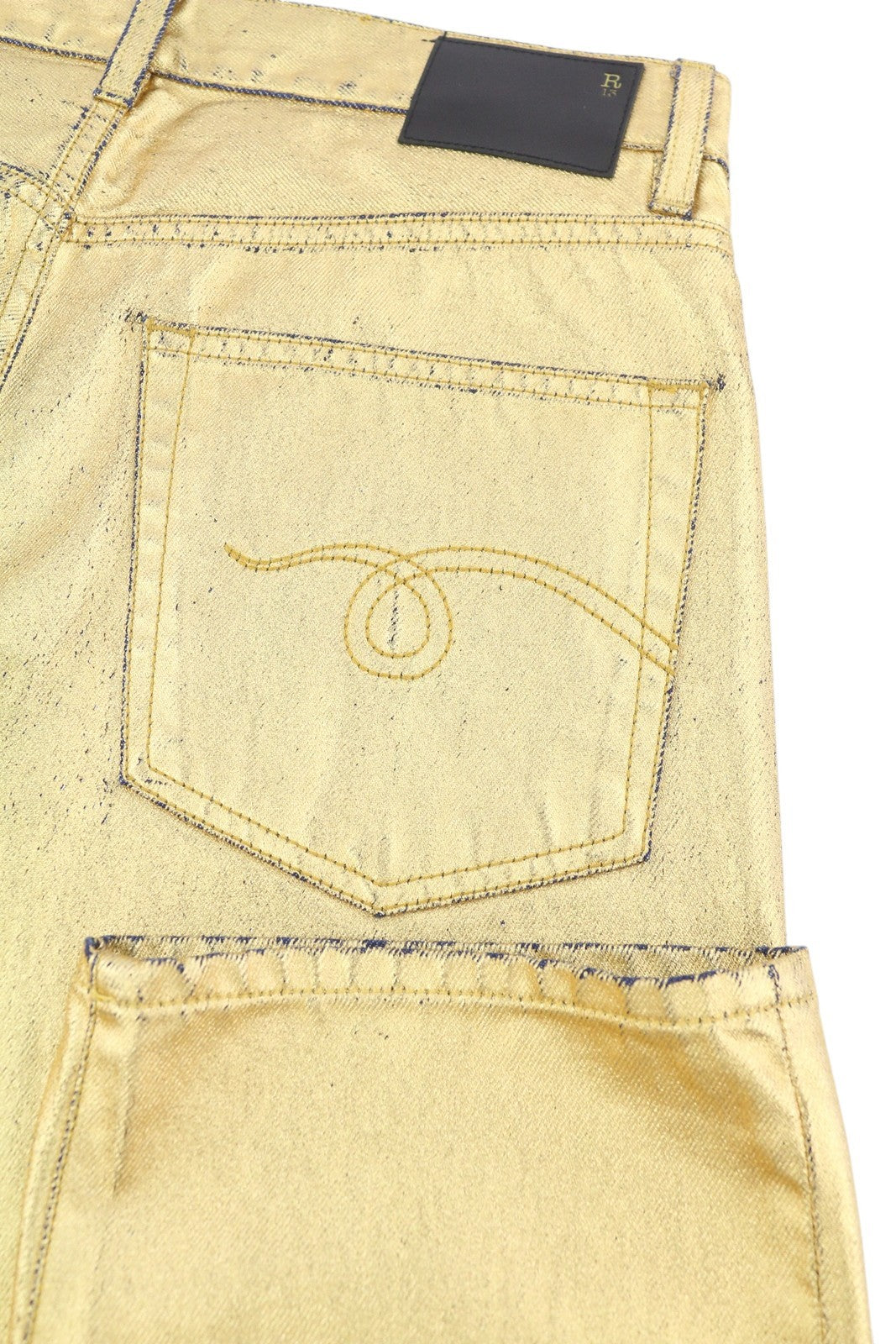 R13 Boyfriend Women Jeans 27 Gold Indigo Shiny Straight Fit Zip Fly Logo Denim