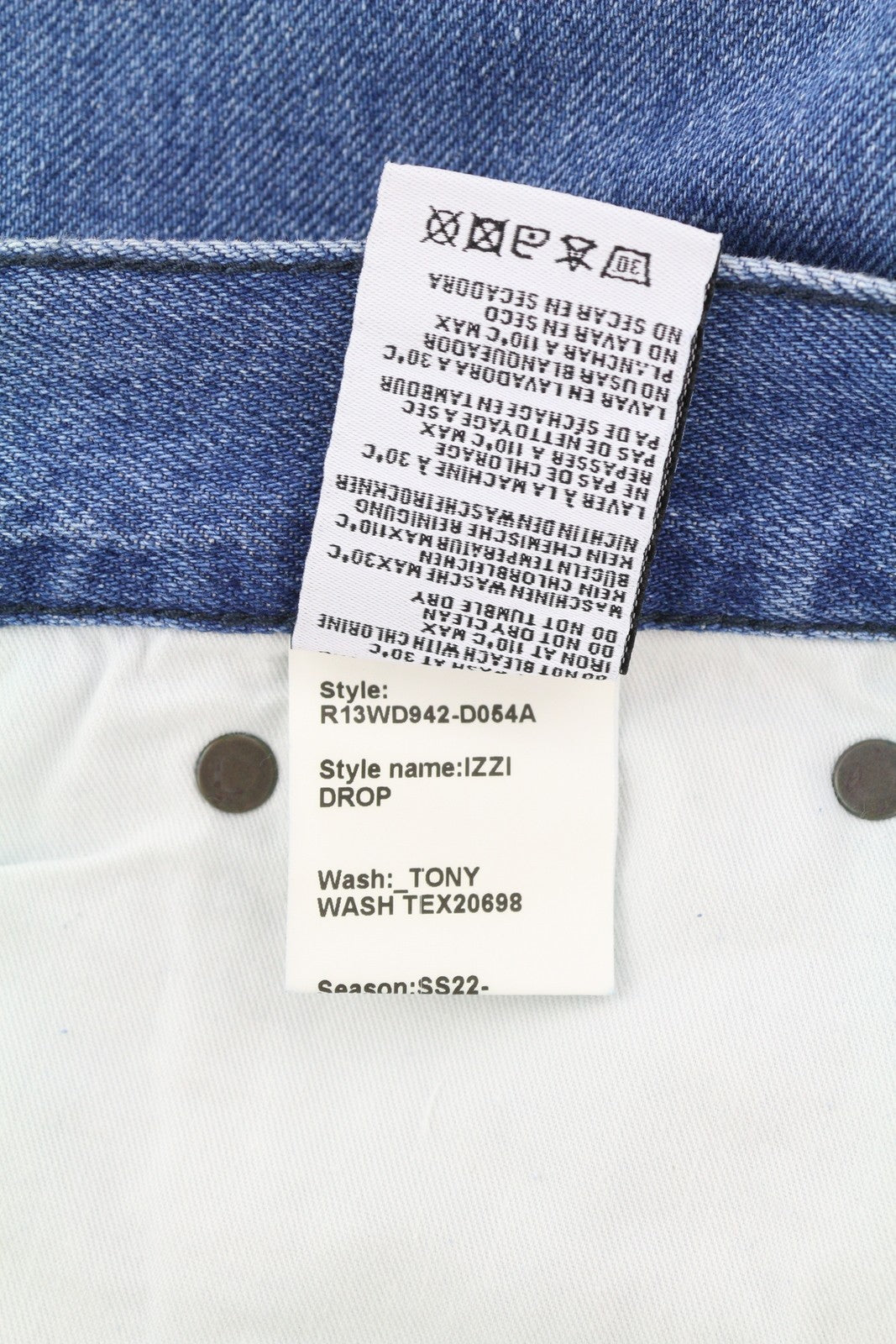 R13 Izzy Drop moteriški džinsai, 27 Tony Wash išblukęs sagų užsegimas, penkios kišenės su logotipu 