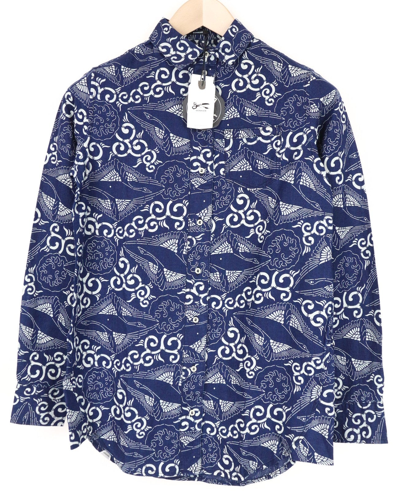 DENHAM moteriški marškinėliai 2XS mėlyni medvilniniai lininiai raštuoti ilgomis rankovėmis su sagomis 