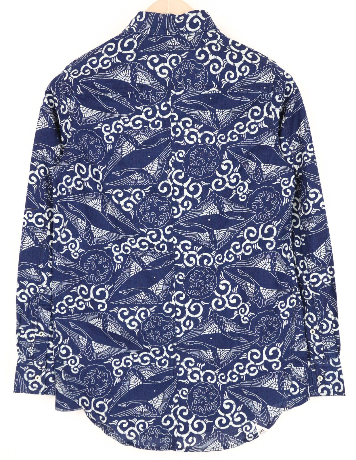 DENHAM moteriški marškinėliai 2XS mėlyni medvilniniai lininiai raštuoti ilgomis rankovėmis su sagomis 