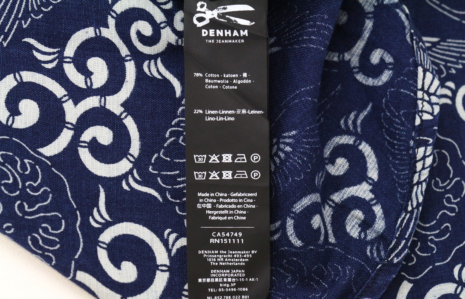 DENHAM moteriški marškinėliai 2XS mėlyni medvilniniai lininiai raštuoti ilgomis rankovėmis su sagomis 