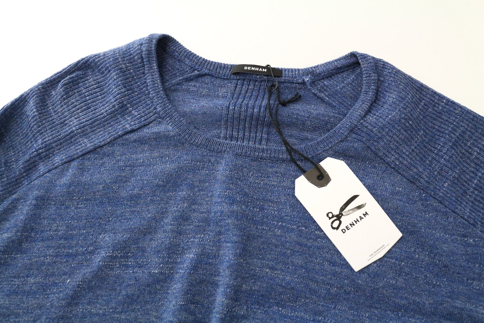DENHAM Carver vyriškas džemperis su mėlyna medvilnės mišinio palaidine ilgomis rankovėmis, laisvalaikio stiliaus 