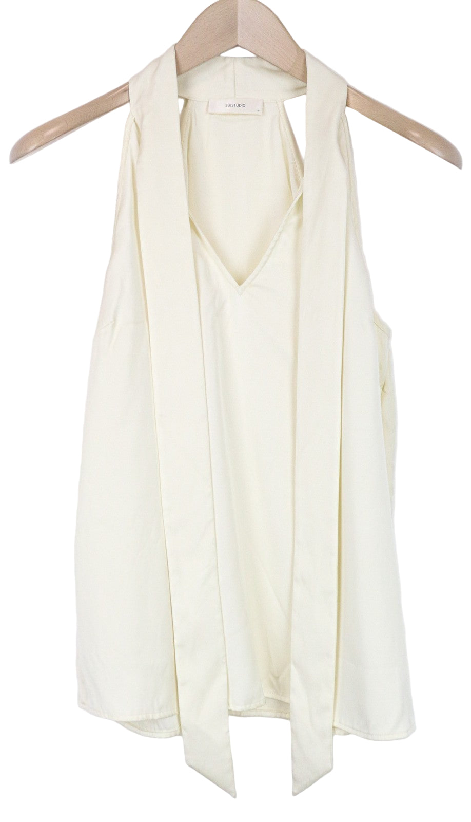 SUISTUDIO Alaska moteriški viršutiniai drabužiai, UK8, kreminės spalvos, šilko mišinio, plona, ​​padalinta kaklo iškirpte, surišama palaidine 