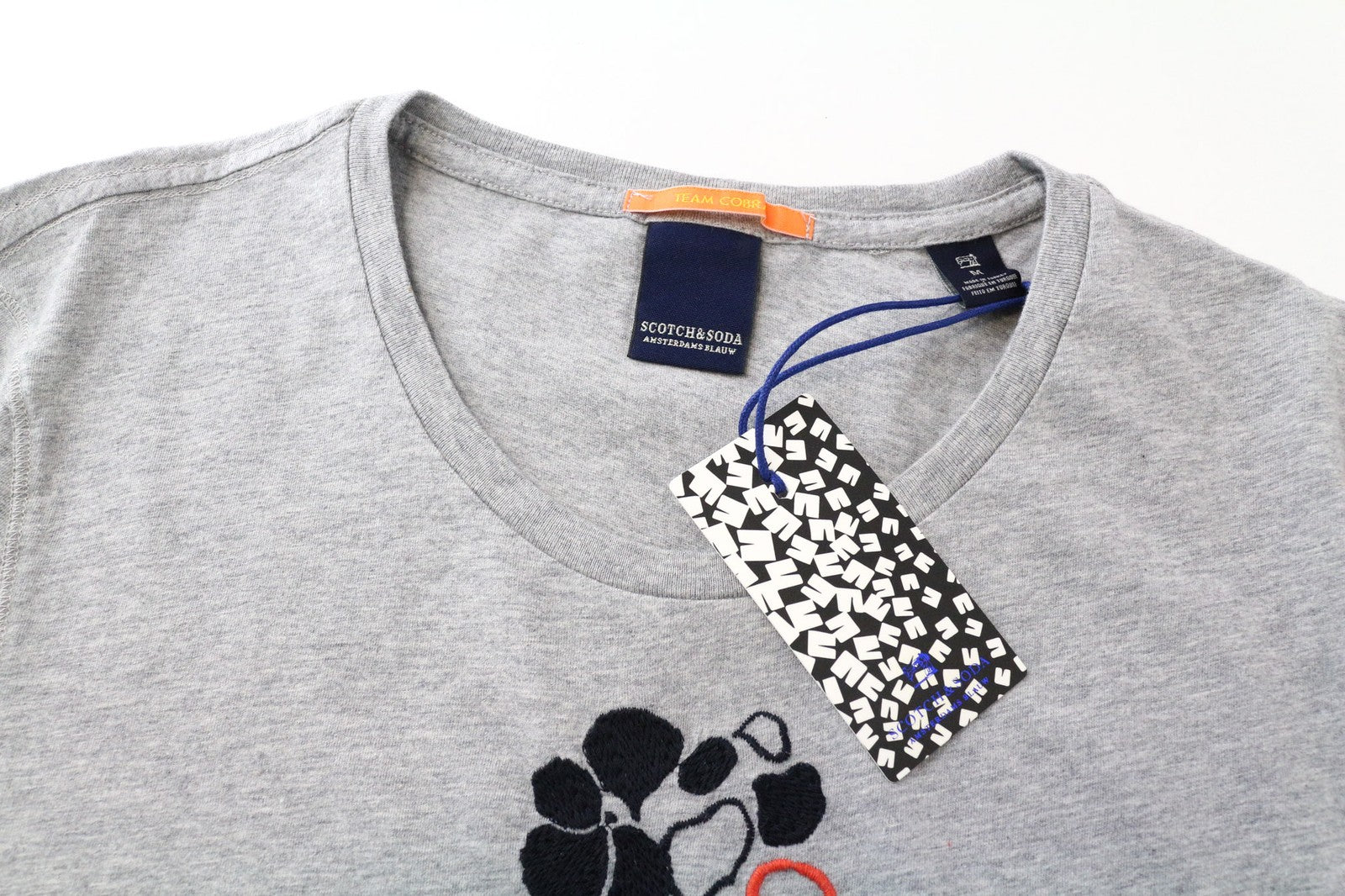 SCOTCH &amp; SODA Ams Blauw vyriški marškinėliai M pilki medvilniniai marškinėliai su apvalia apykakle ir trumpomis rankovėmis vasariniai 