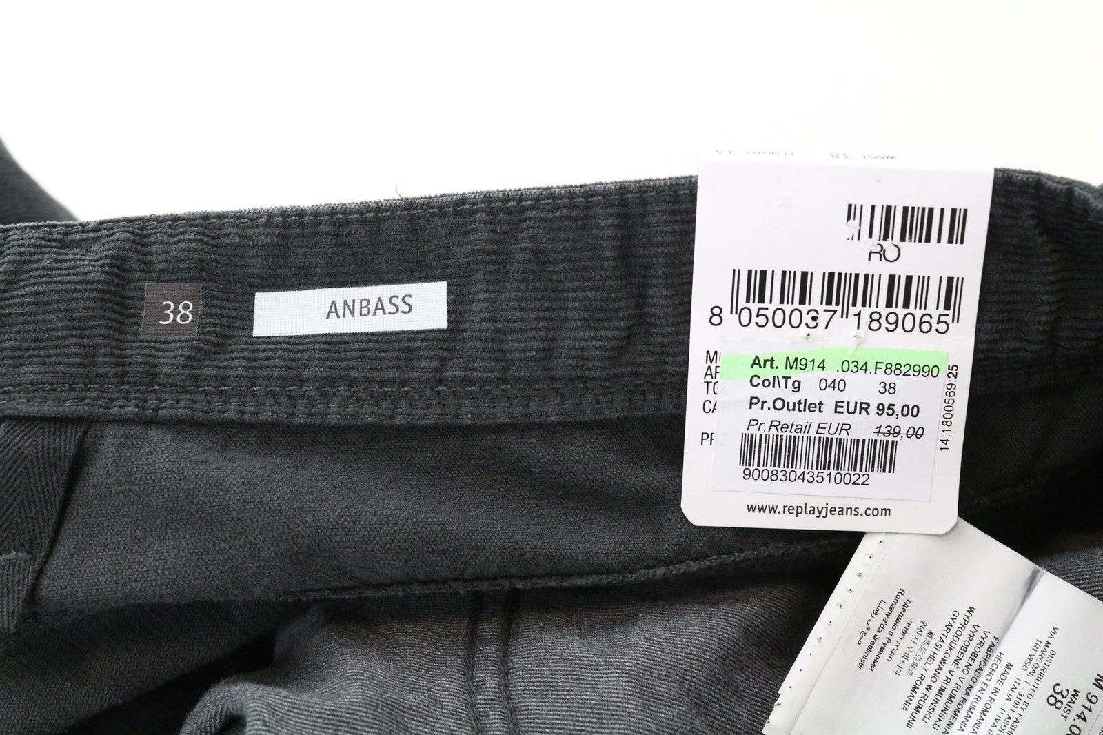 REPLAY Anbass Men's W38/L34 Grey Corduroy Slim Cotton Stretch Casual Trousers