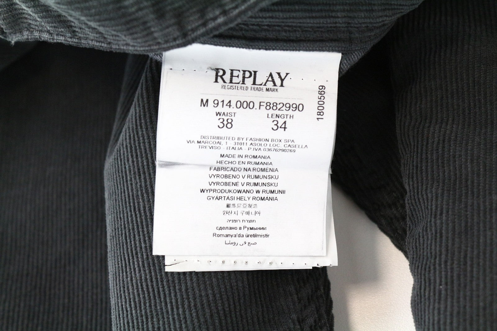 REPLAY Anbass Men's W38/L34 Grey Corduroy Slim Cotton Stretch Casual Trousers