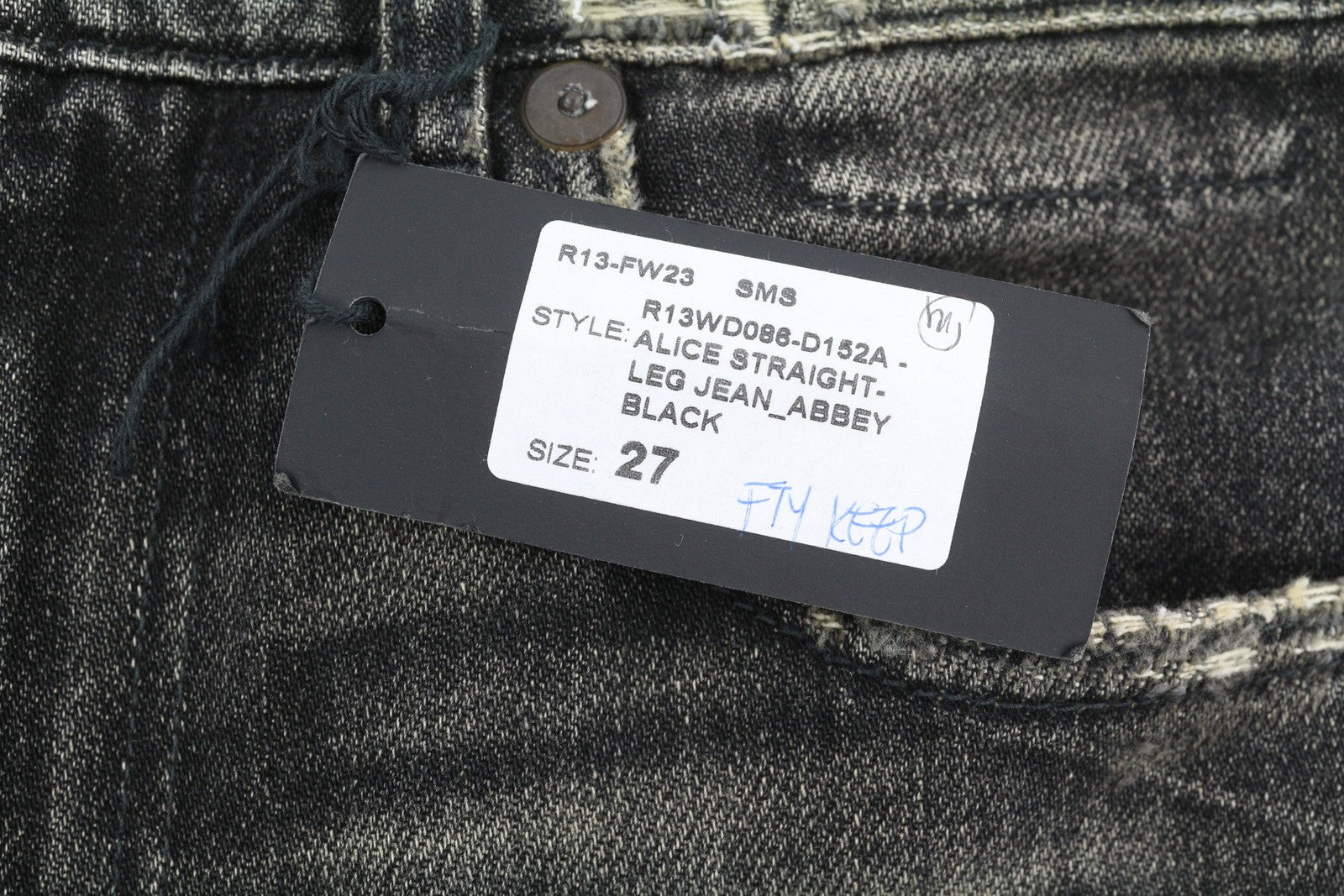 R13 Alice Straight Leg Women Jeans 27 Abbey Black Faded Washed Denim RRP€799