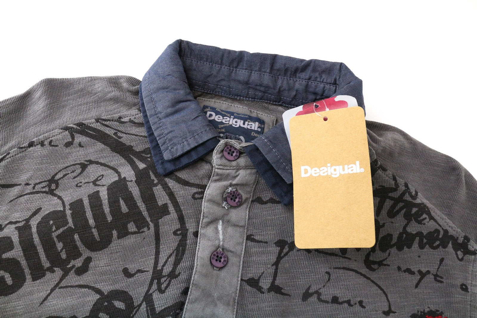 DESIGUAL Javi vyriški polo marškinėliai pilki ilgomis rankovėmis raštuoti laisvalaikio marškiniai S 