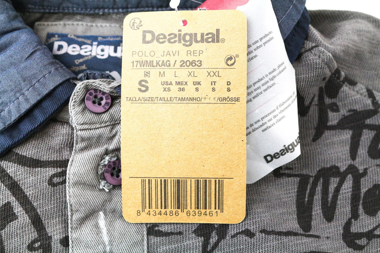 DESIGUAL Javi vyriški polo marškinėliai pilki ilgomis rankovėmis raštuoti laisvalaikio marškiniai S 