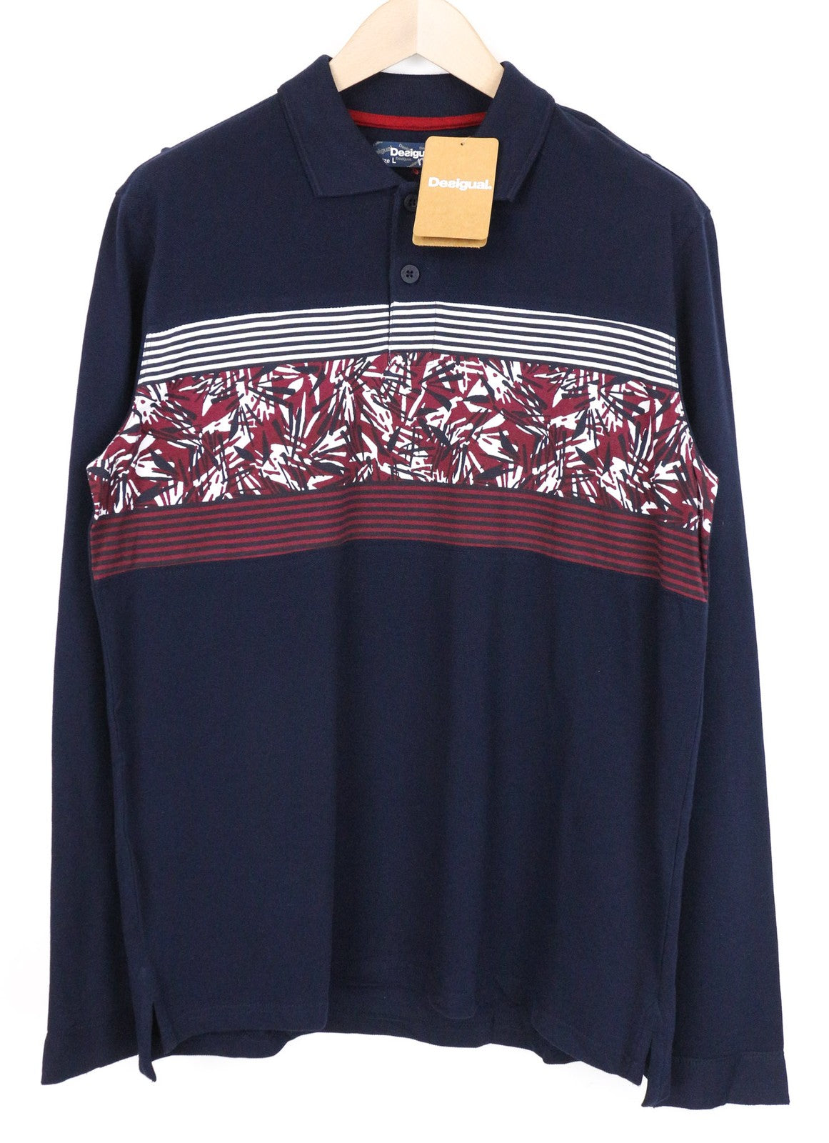 DESIGUAL Tepit vyriški polo marškinėliai L dydžio, tamsiai mėlyni, medvilniniai, ilgomis rankovėmis, raštuoti laisvalaikio drabužiai 