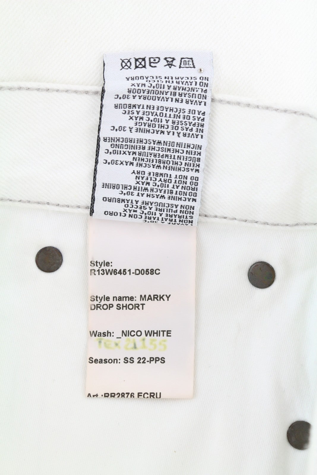 R13 Marky Drop moteriški šortai 27 Nico balti, plėšyti sagomis, šviesiai džinsiniai 