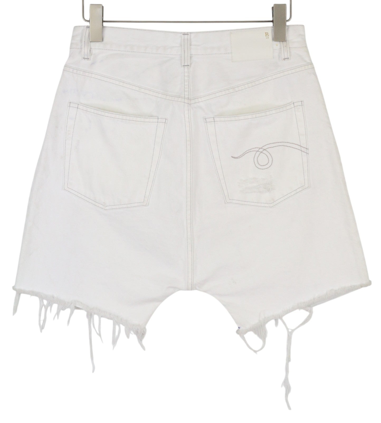 R13 Marky Drop moteriški šortai 27 Nico balti, plėšyti sagomis, šviesiai džinsiniai 
