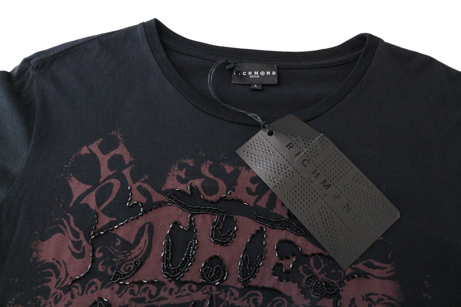 RICHMOND vyriški marškinėliai L dydžio juodi medvilniniai su logotipu ir ilgomis rankovėmis, laisvalaikio stiliaus 