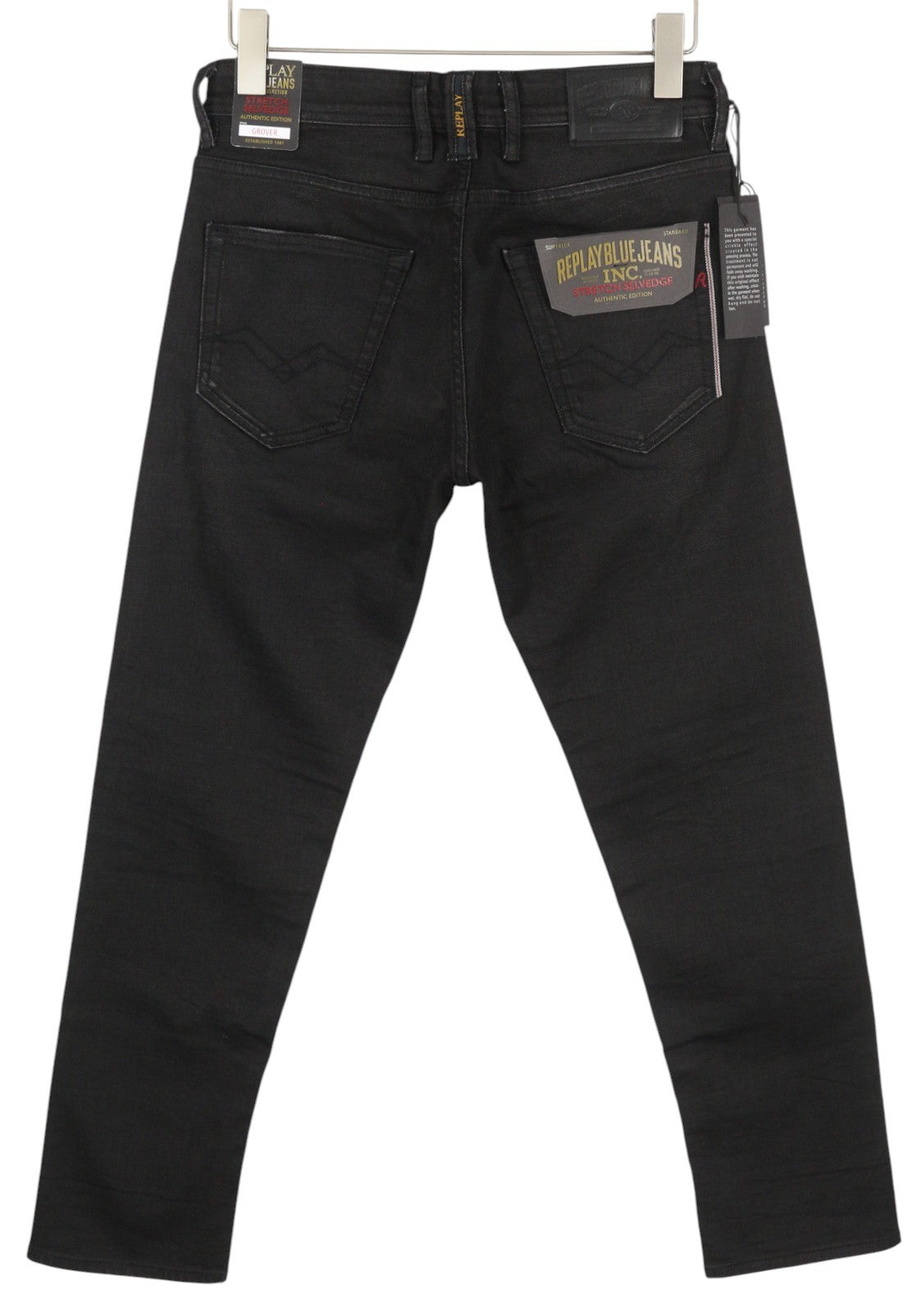 REPLAY Grover vyriški džinsai W30/L30 juodi su užsegimu, tiesūs, tamsūs 