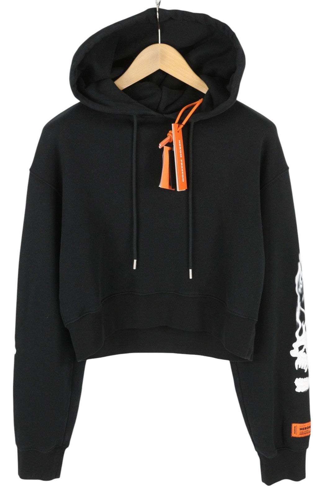 HERON PRESTON liepsnojančios kaukolės trumpas moteriškas džemperis su gobtuvu, L dydžio, juodas, raštuotas megztinis, rekomenduojama kaina – 499 € 