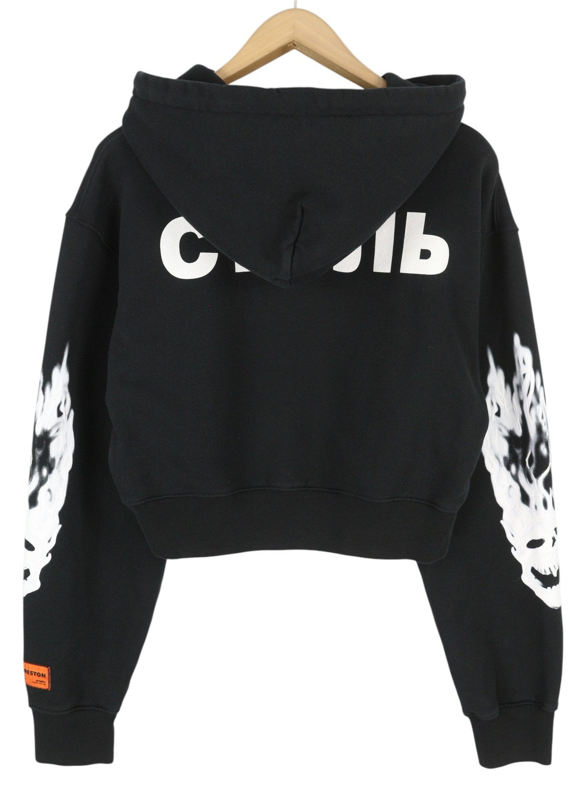 HERON PRESTON liepsnojančios kaukolės trumpas moteriškas džemperis su gobtuvu, L dydžio, juodas, raštuotas megztinis, rekomenduojama kaina – 499 € 