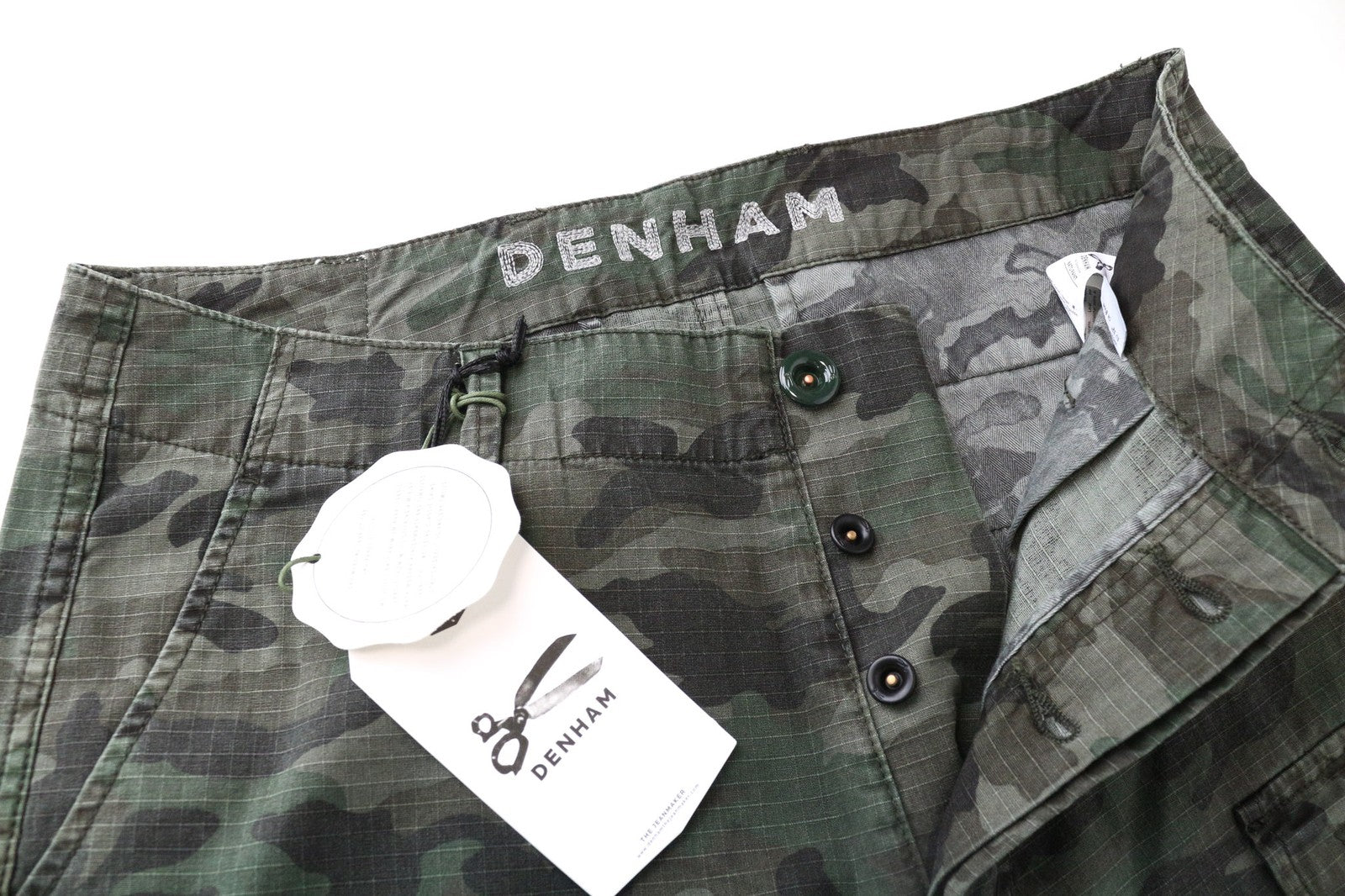 DENHAM Nato vyriškos krovininės kelnės W30/L32 žalios, kamufliažinės, grynos medvilnės, raštuotos 