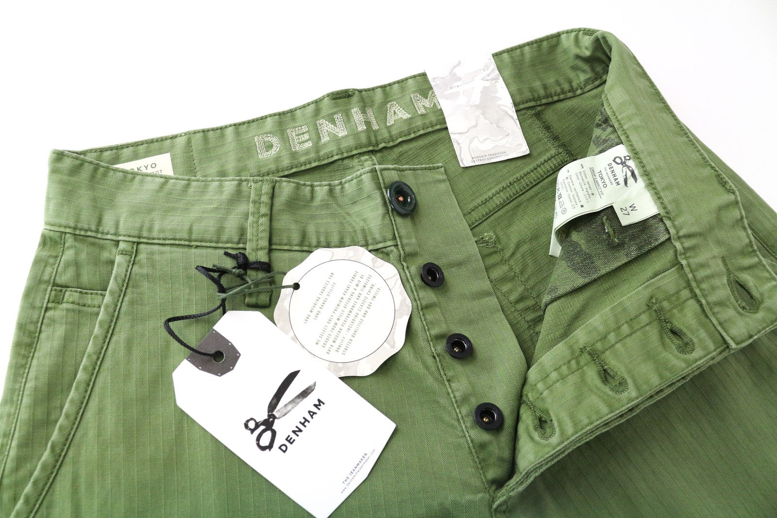 DENHAM Tokyo vyriškos kelnės W27/L32, karvės formos kirpimas, žalios, tamprios medvilnės laisvalaikio stiliaus kelnės 