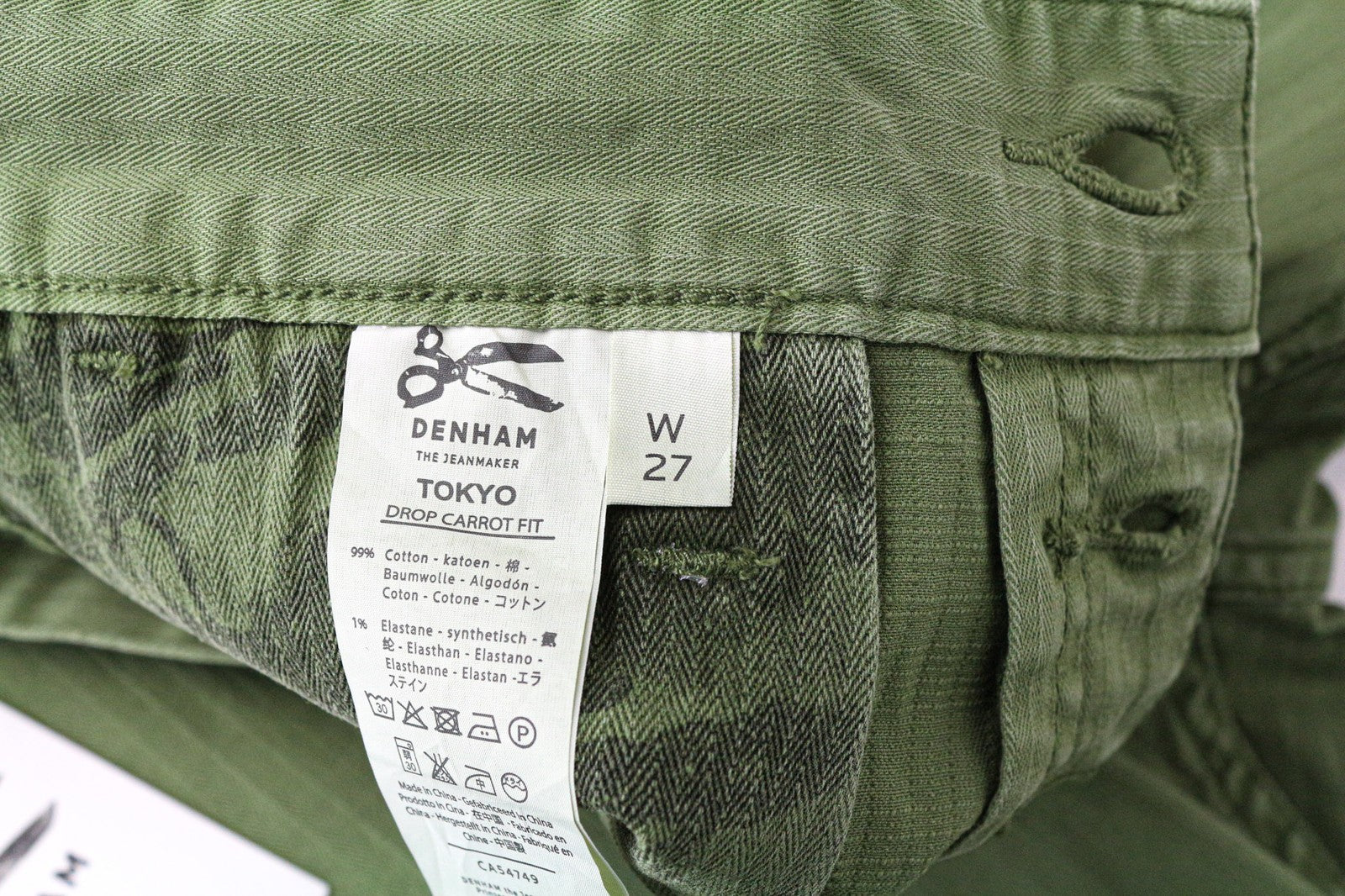 DENHAM Tokyo vyriškos kelnės W27/L32, karvės formos kirpimas, žalios, tamprios medvilnės laisvalaikio stiliaus kelnės 