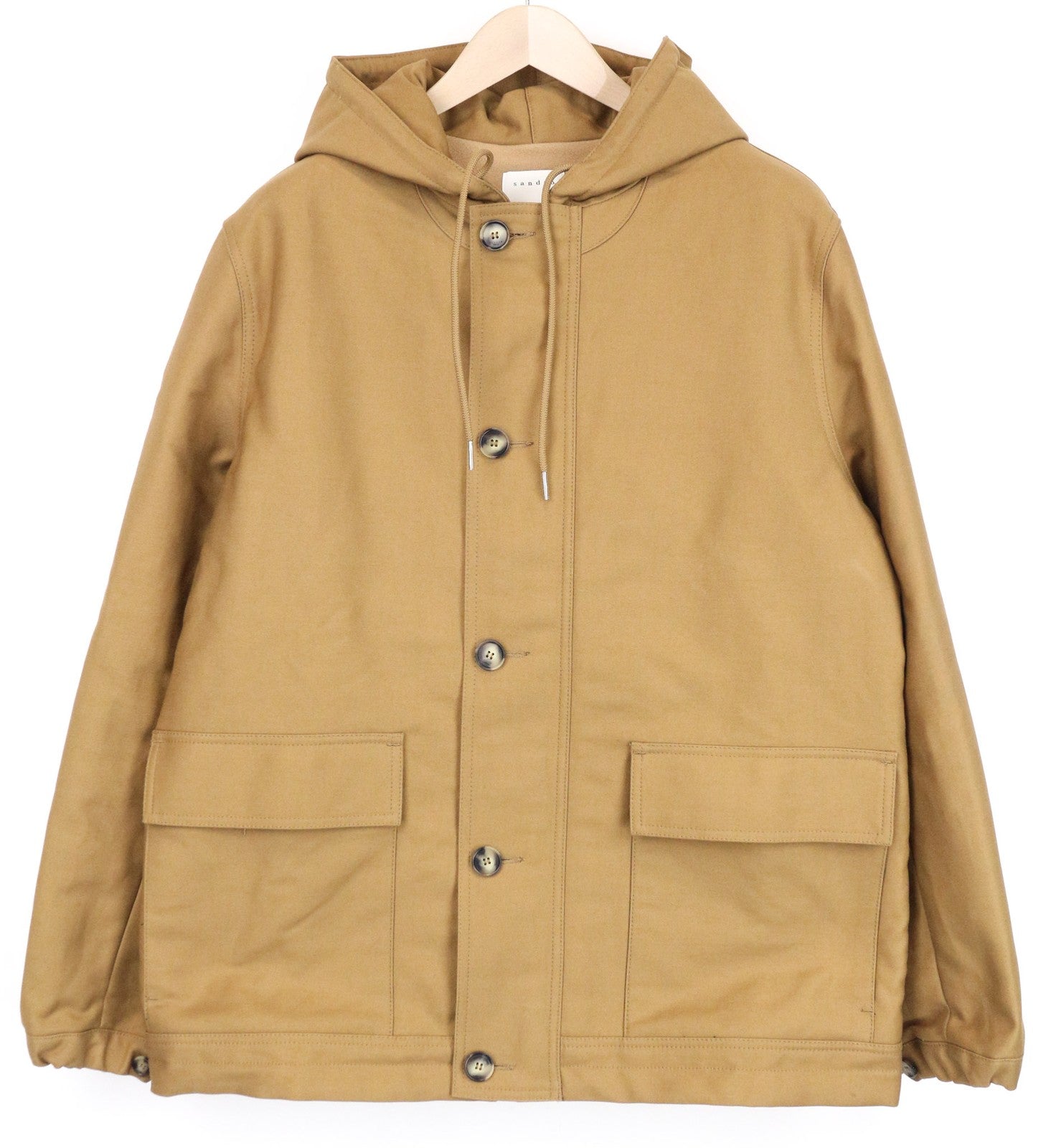 SANDRO vyriška tamsiai ruda medvilninė laisvalaikio striukė su gobtuvu, L, vienaeilis stilius 