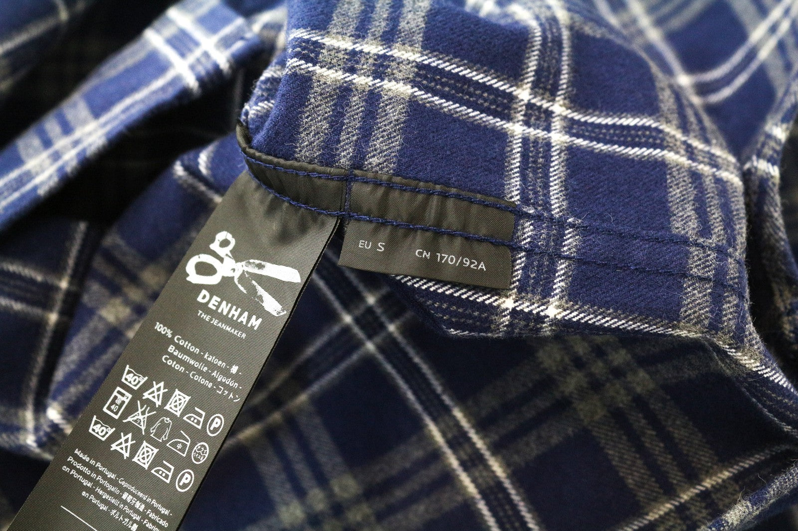 DENHAM vyriški marškinėliai su kišenėmis, tamsiai mėlyni, languoti, flaneliniai, su sagomis užsegami, S dydžio