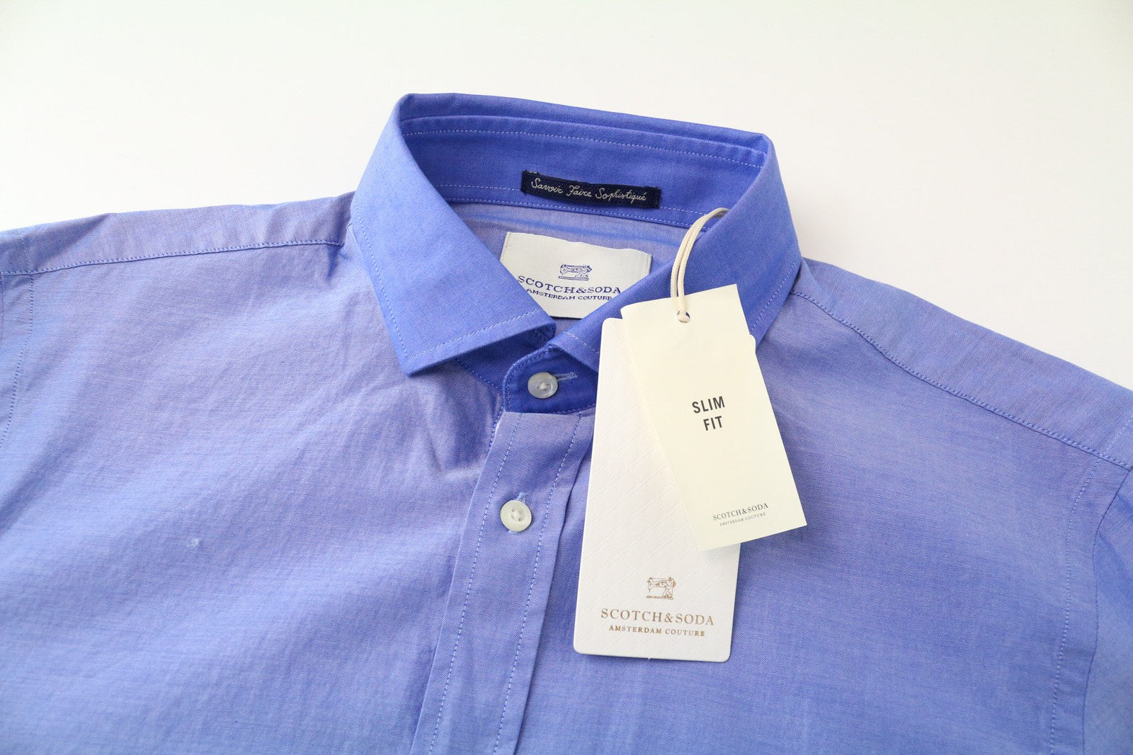 SCOTCH &amp; SODA vyriški mėlyni melanžo spalvos grynos medvilnės ploni, prigludę marškiniai su sagomis 