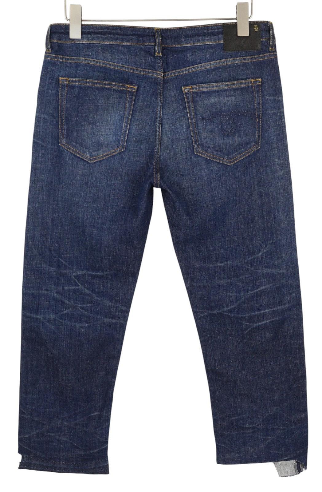 R13 Boy Straight Women Jeans 31 Howell Indigo W Uneven Hem Faded Whiskers Blue