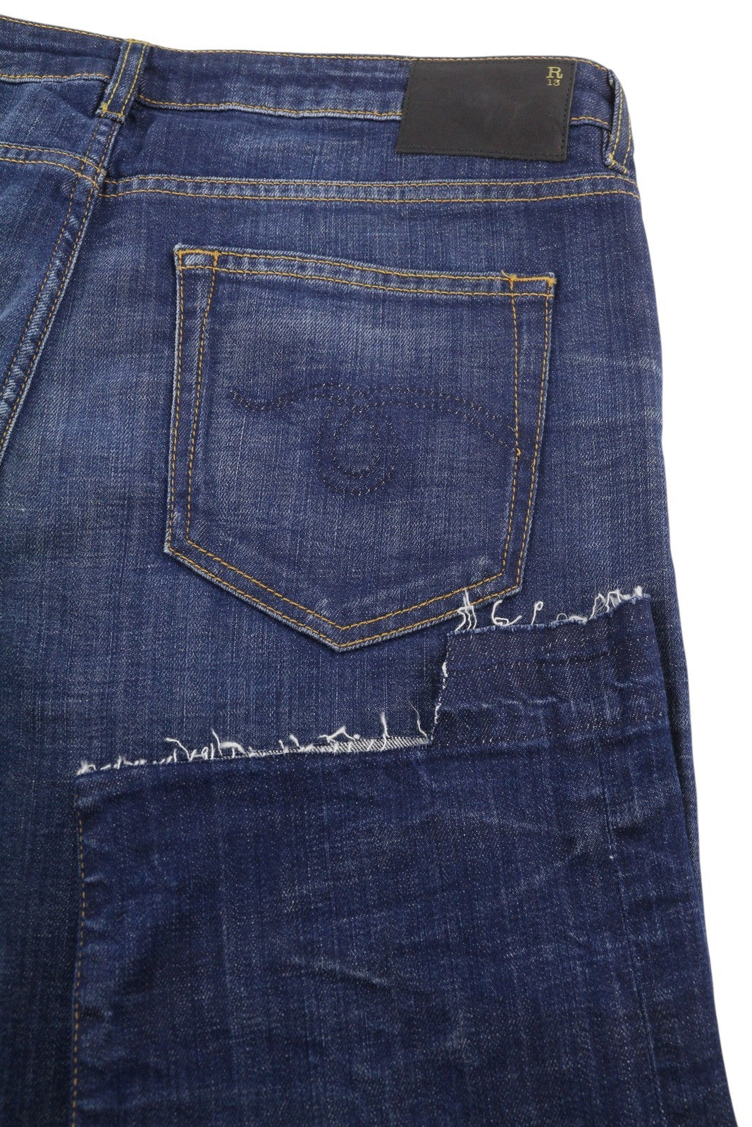 R13 Boy Straight Women Jeans 31 Howell Indigo W Uneven Hem Faded Whiskers Blue