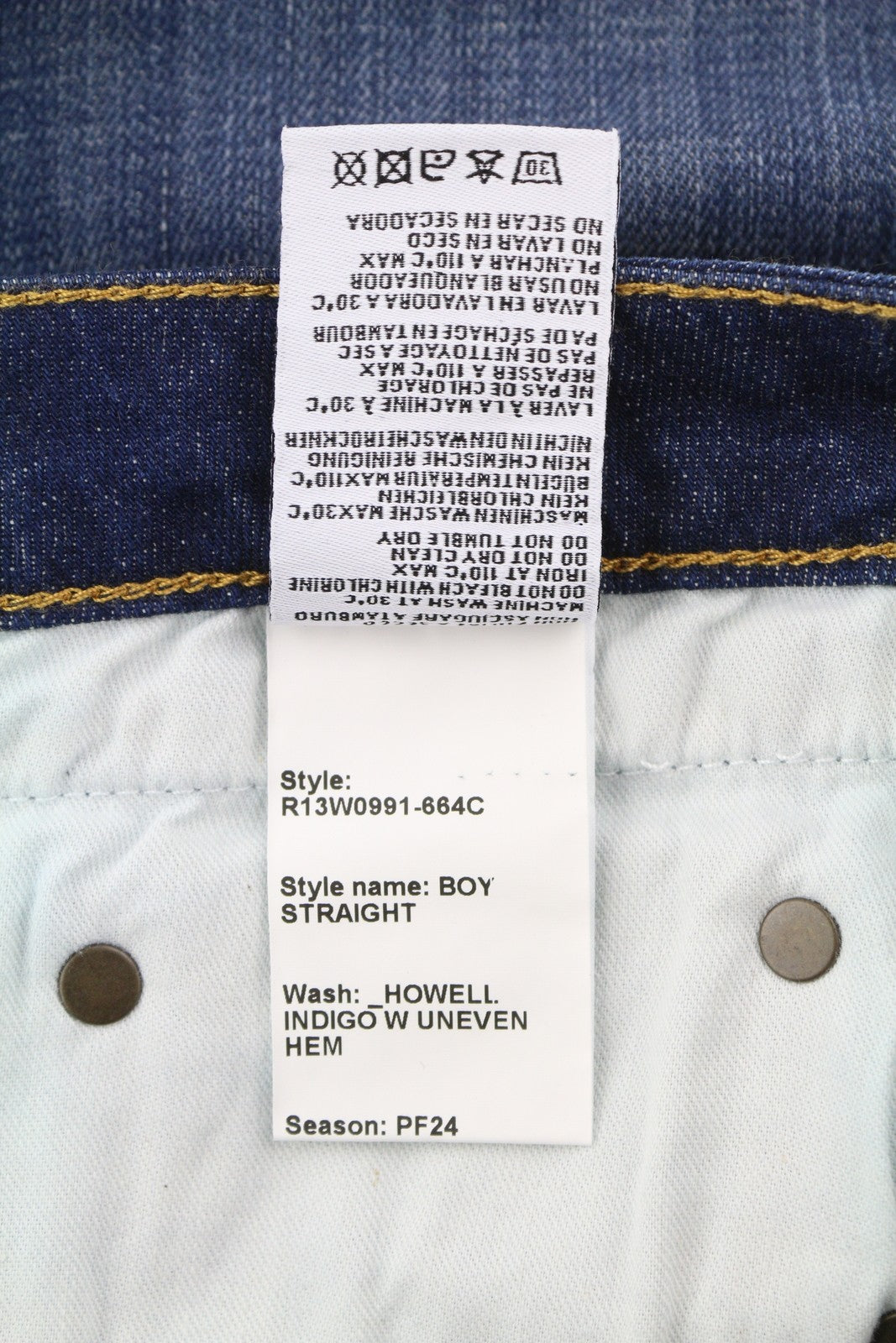 R13 Boy Straight Women Jeans 31 Howell Indigo W Uneven Hem Faded Whiskers Blue