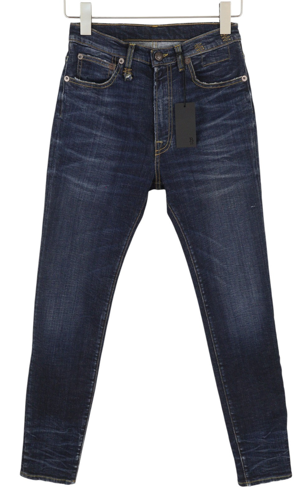 R13 High Rise Skinny Women Jeans 27 Howell Indigo Faded Whiskers Distress Denim