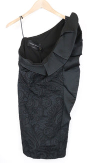 CHRISTIAN PELIZZARI moteriška juoda siuvinėta IT46 suknelė su atvirais pečiais ir raukiniais 