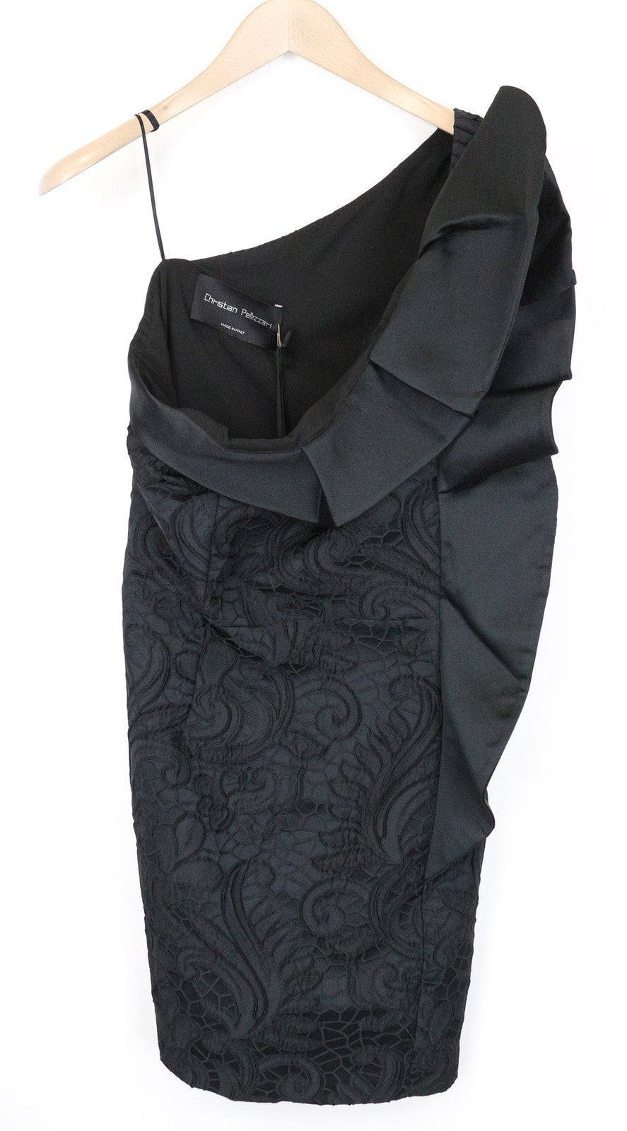 CHRISTIAN PELIZZARI moteriška juoda siuvinėta IT46 suknelė su atvirais pečiais ir raukiniais 