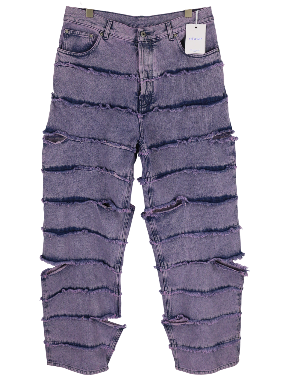 BALTOS VIRGIL ABLOH firmos dryžuoti tiesūs vyriški džinsai su iškirpte, W33, rekomenduojama kaina – 999 € 