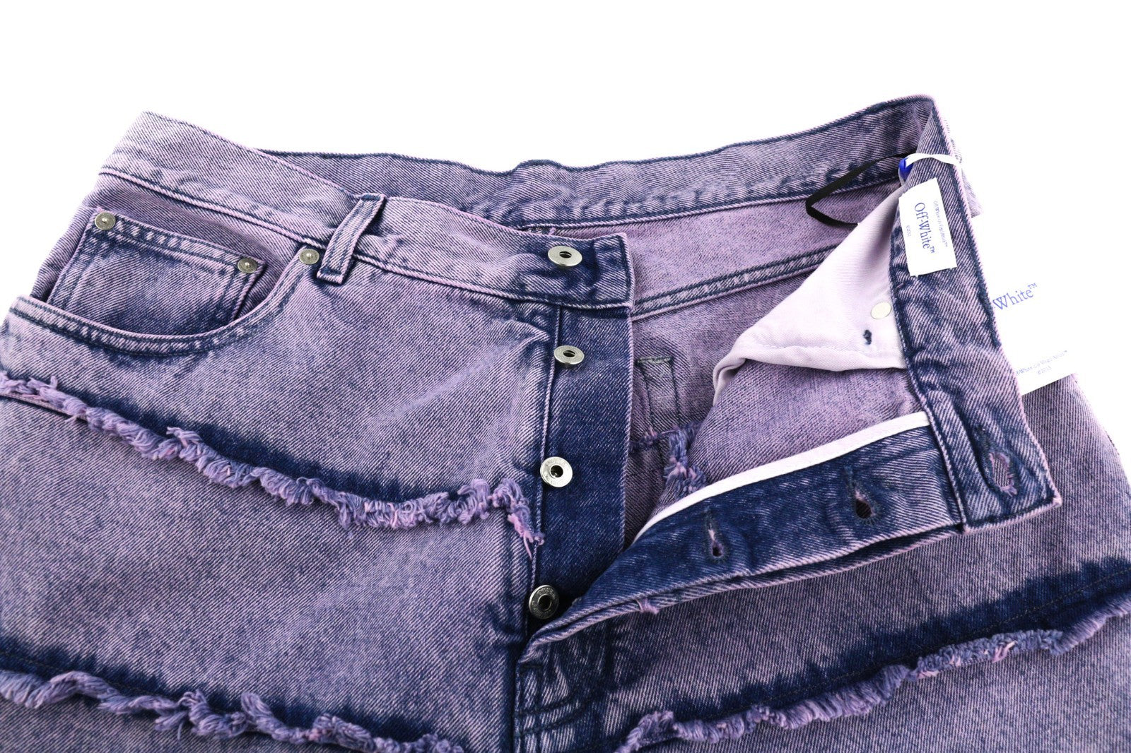 BALTOS VIRGIL ABLOH firmos dryžuoti tiesūs vyriški džinsai su iškirpte, W33, rekomenduojama kaina – 999 € 