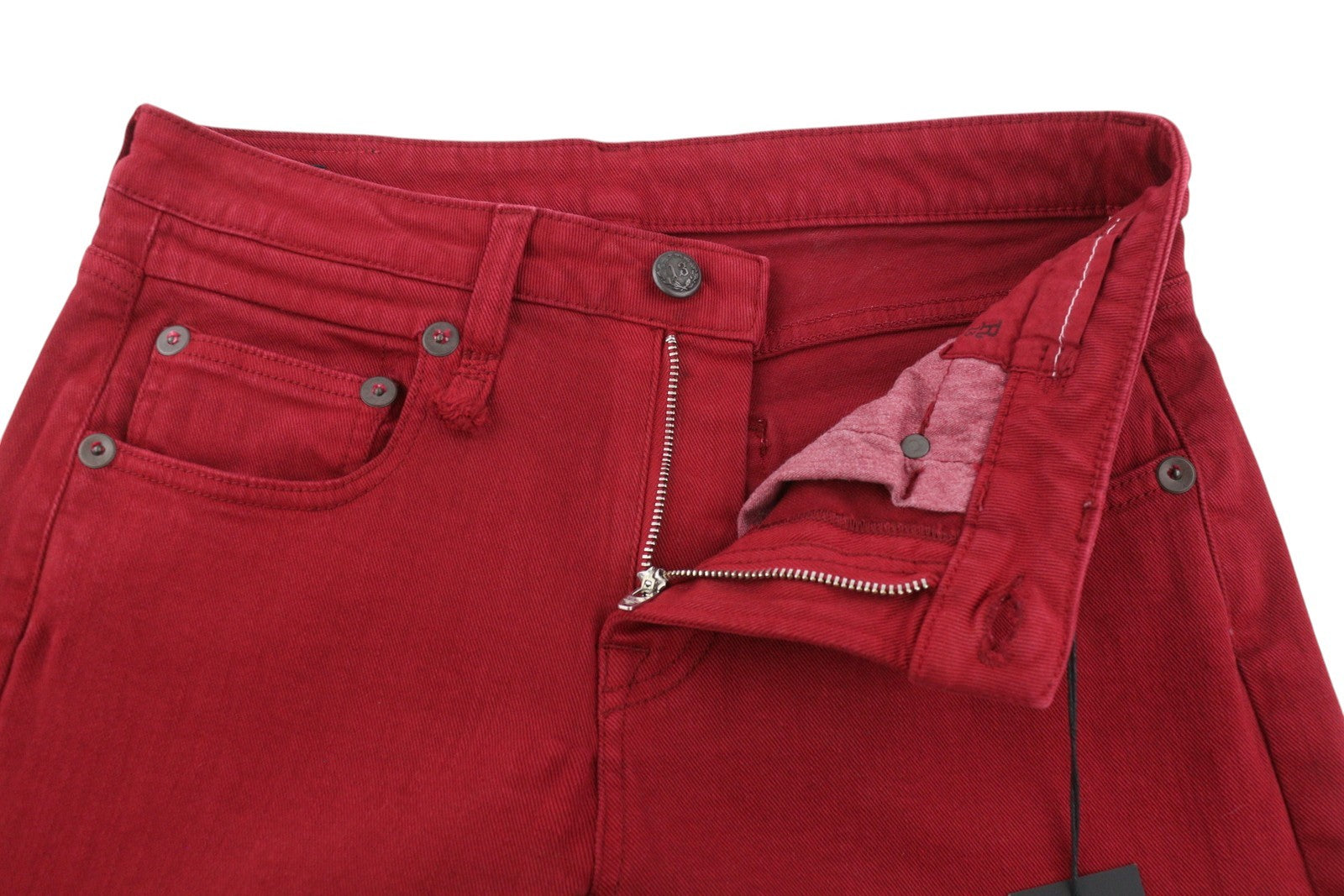 R13 berniukiški tiesūs moteriški džinsai 27 ryškiai raudoni, tamprūs, trumpinti iki kulkšnių, su užtrauktuku. 