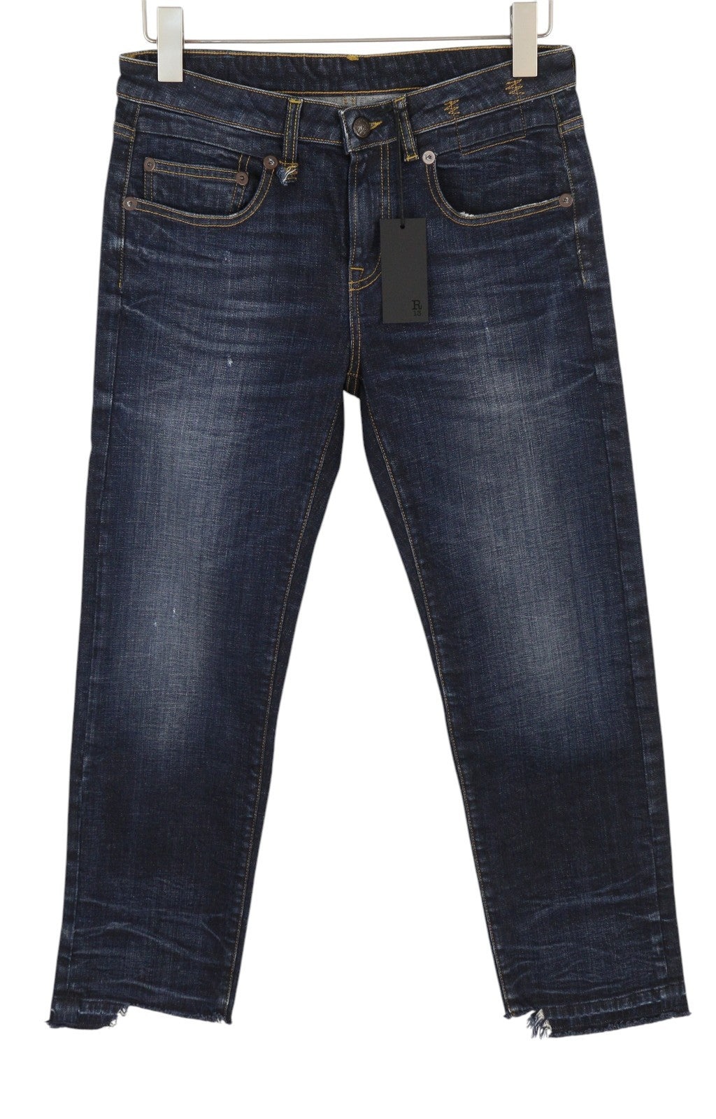 R13 berniukiški tiesūs moteriški džinsai 27 mėlyni išblukę ūsai su dilimu iki kulkšnies trumpinti džinsai 