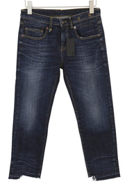 R13 berniukiški tiesūs moteriški džinsai 27 mėlyni išblukę ūsai su dilimu iki kulkšnies trumpinti džinsai 