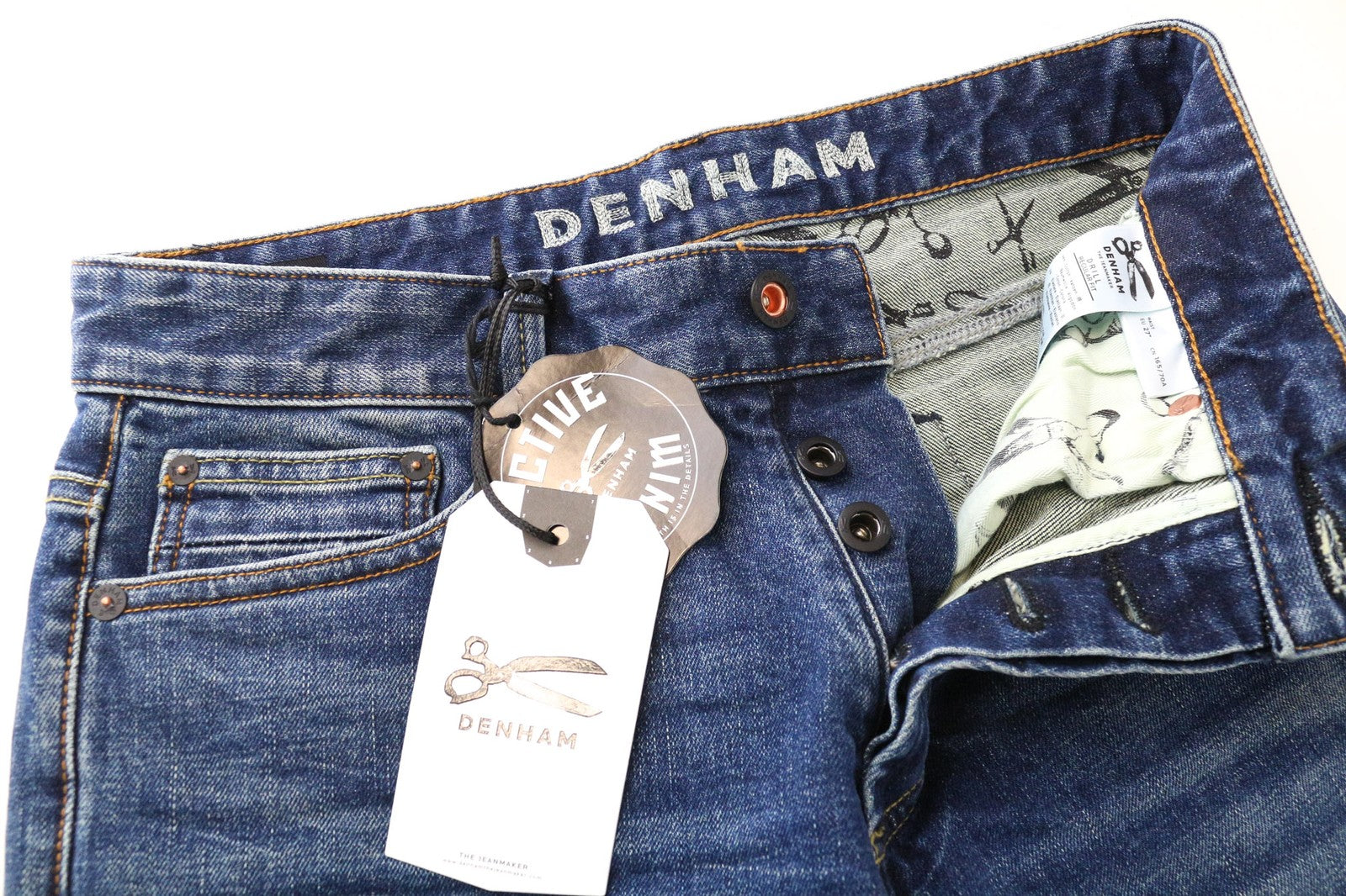 DENHAM Drill Men's W27/L32 Blue Slim Tapered Stretch Classic Button Jeans