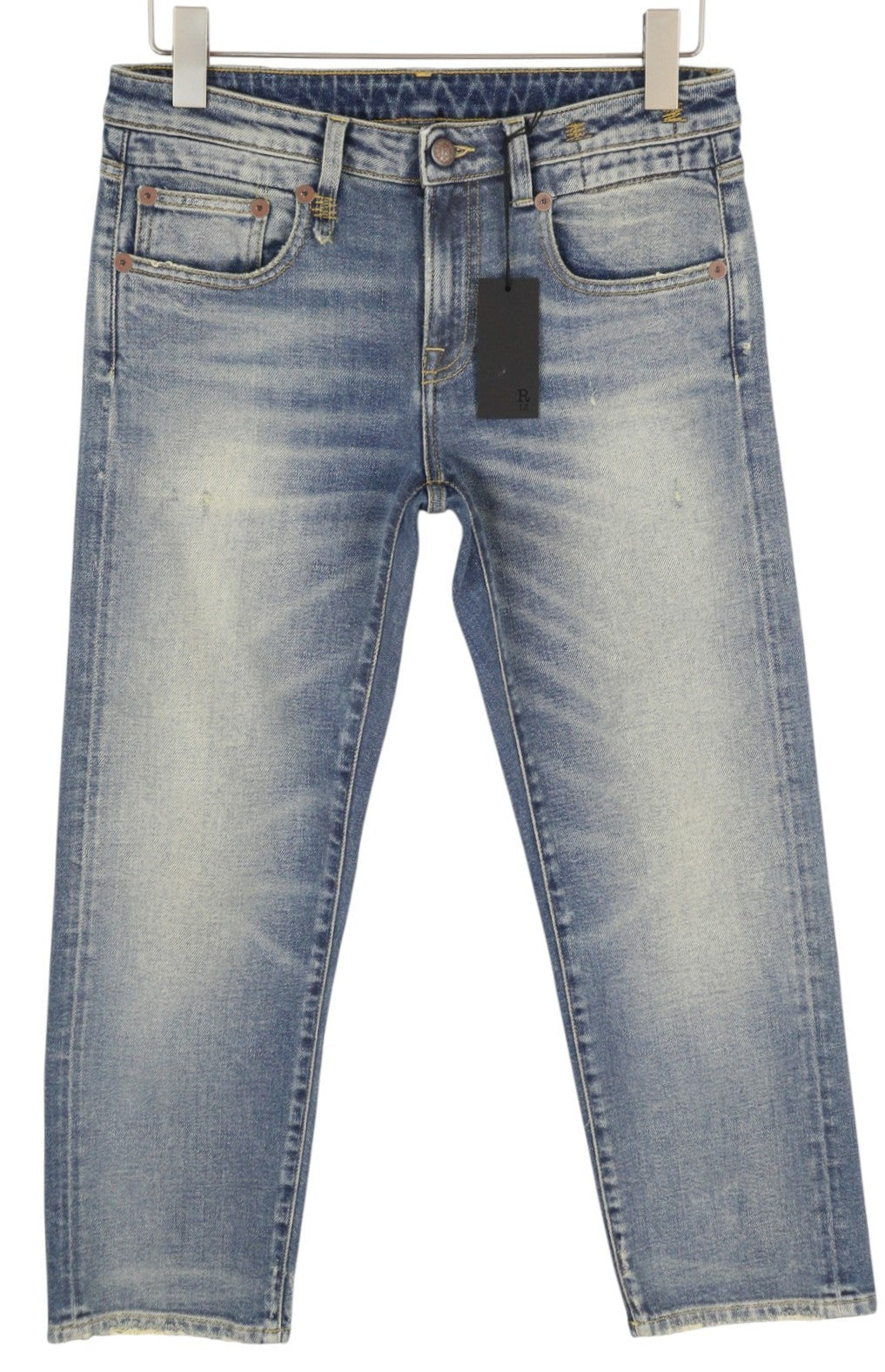 R13 berniukiški tiesūs moteriški džinsai 27 mėlyni, tamprūs, išblukę, trumpinti džinsai iki kulkšnių. 